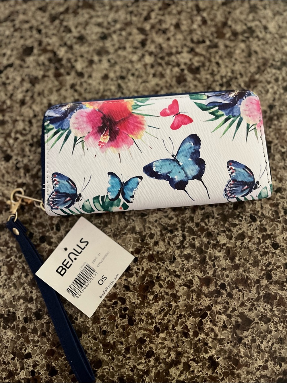 Coral Bay White Floral & Blue Butterfly Zip Wristlet